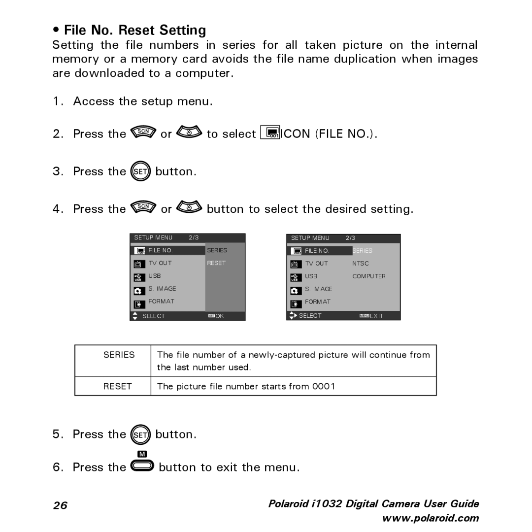 Polaroid i1032 manual File No. Reset Setting 