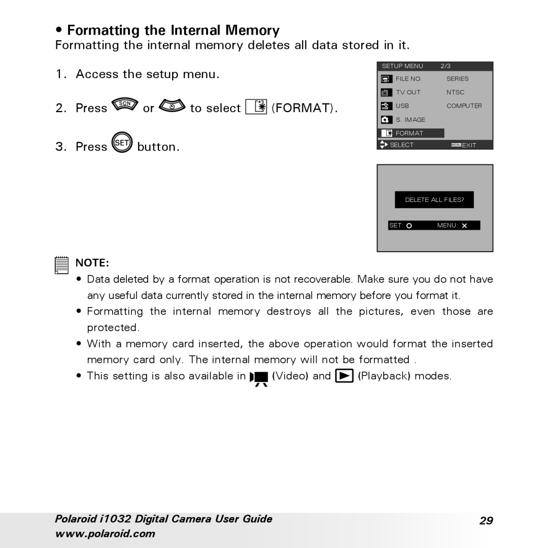 Polaroid i1032 manual Formatting the Internal Memory 