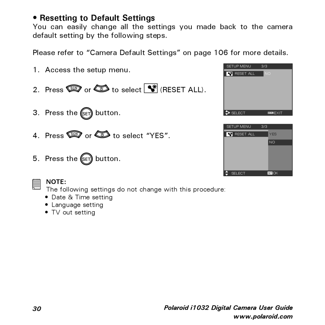 Polaroid i1032 manual Resetting to Default Settings 