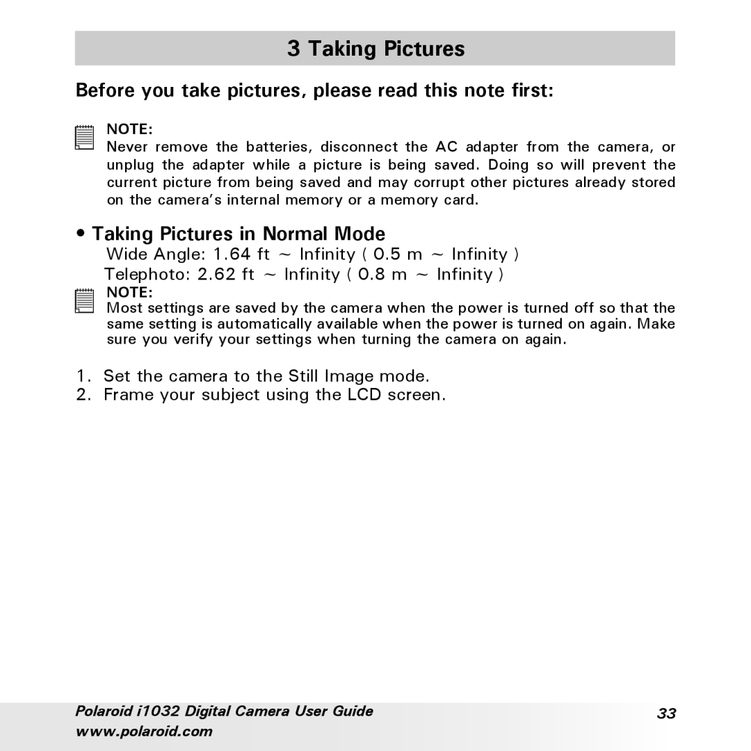 Polaroid i1032 manual Before you take pictures, please read this note first, Taking Pictures in Normal Mode 