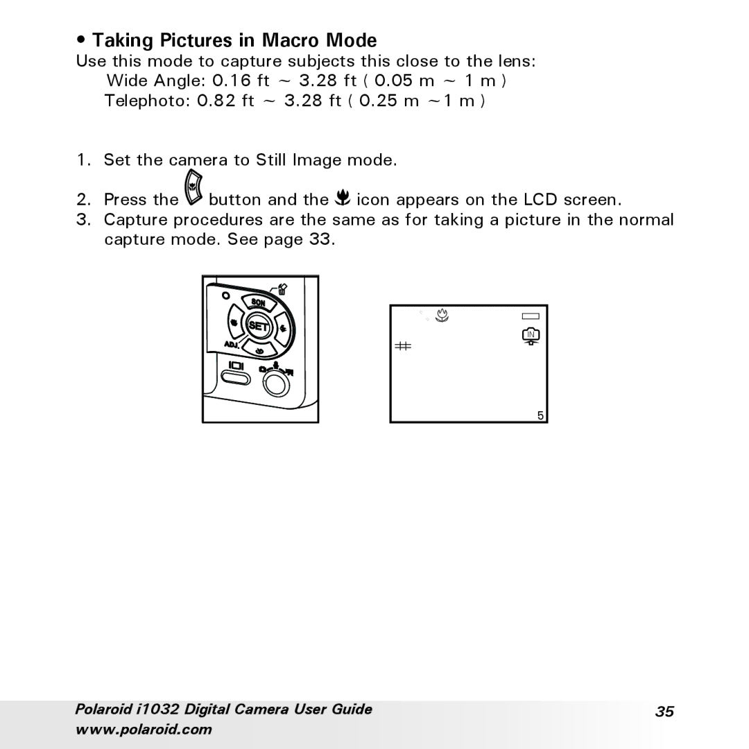 Polaroid i1032 manual Taking Pictures in Macro Mode 