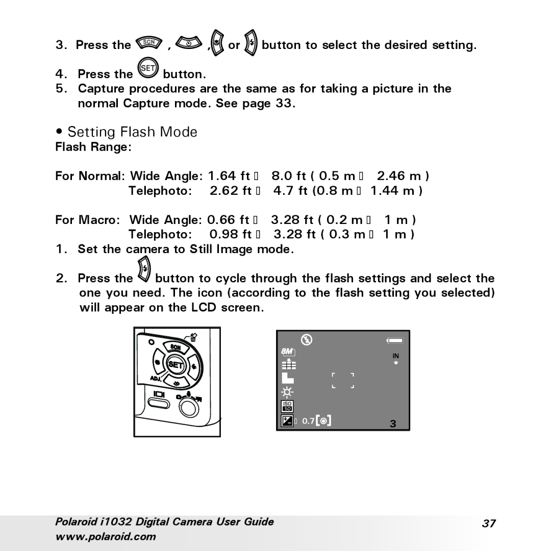 Polaroid i1032 manual Setting Flash Mode 