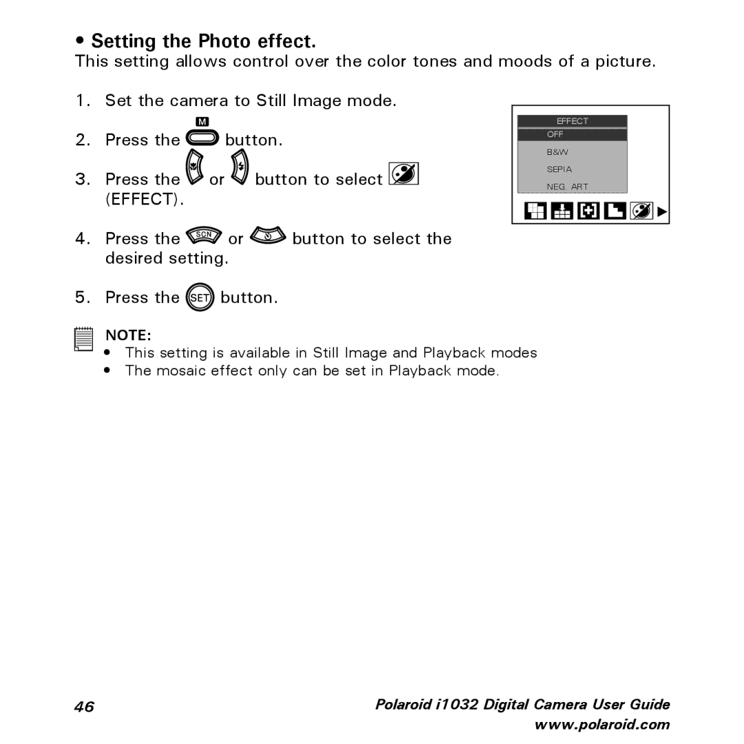 Polaroid i1032 manual Setting the Photo effect, Effect 