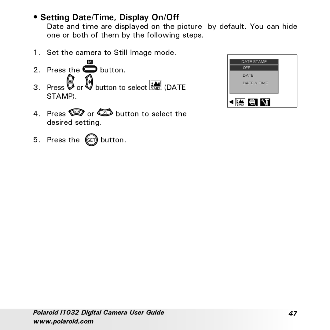 Polaroid i1032 manual Setting Date/Time, Display On/Off 