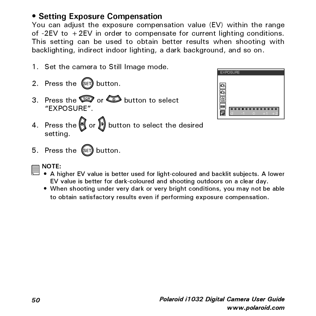 Polaroid i1032 manual Setting Exposure Compensation 