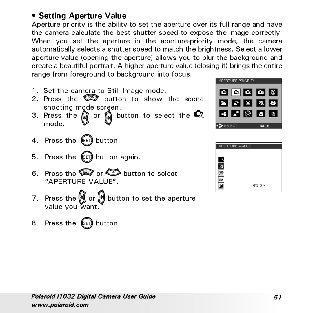 Polaroid i1032 manual Setting Aperture Value 