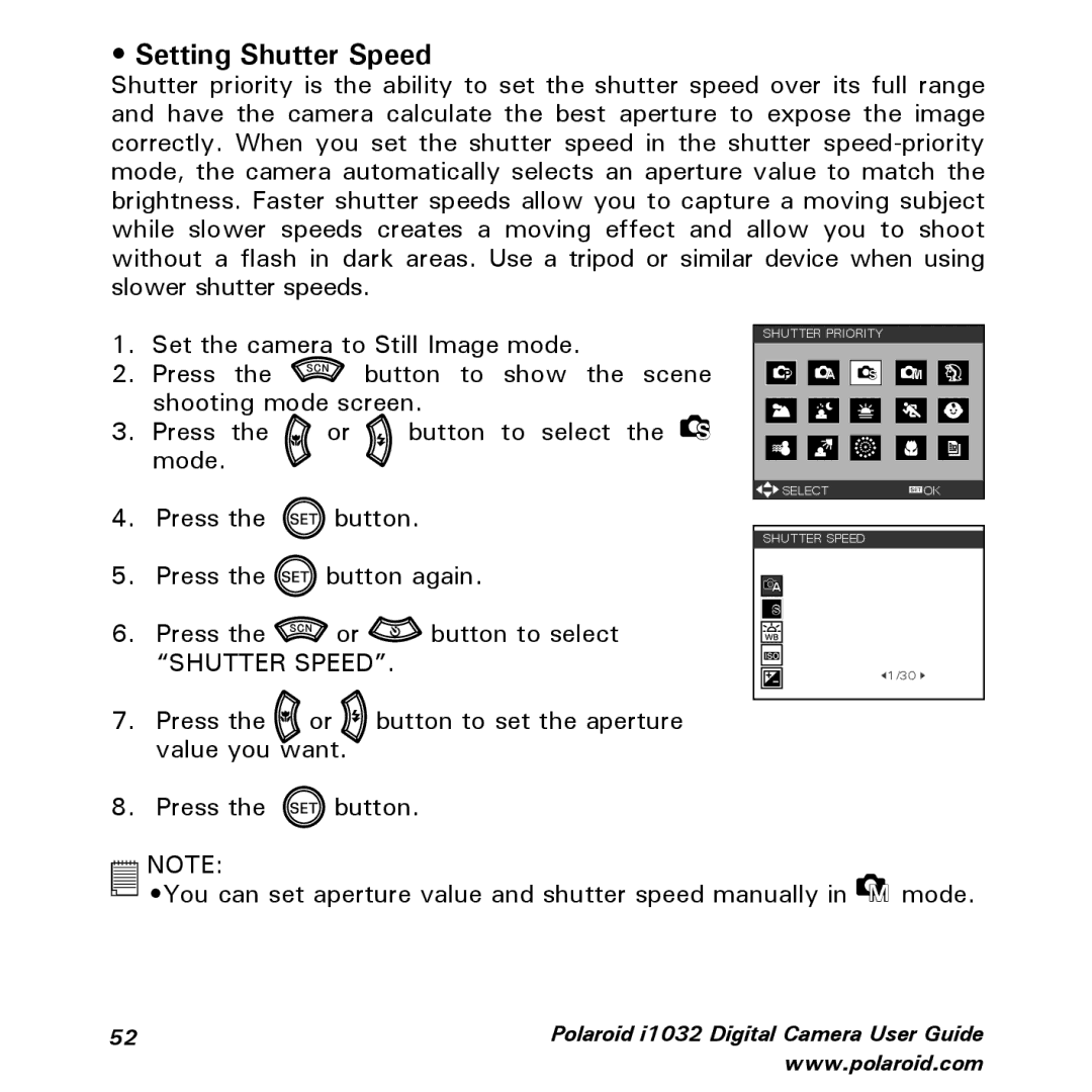 Polaroid i1032 manual Setting Shutter Speed 