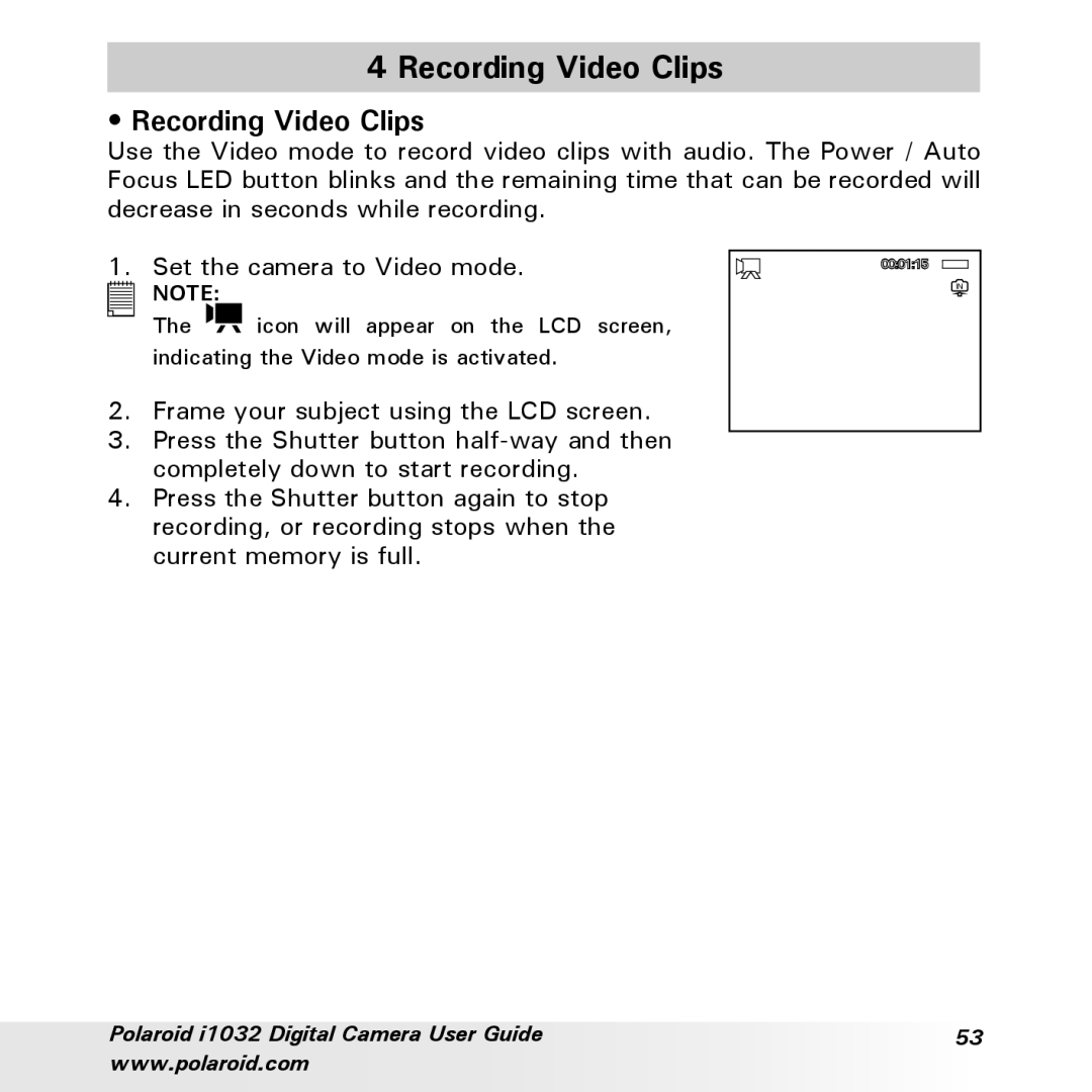 Polaroid i1032 manual Recording Video Clips 