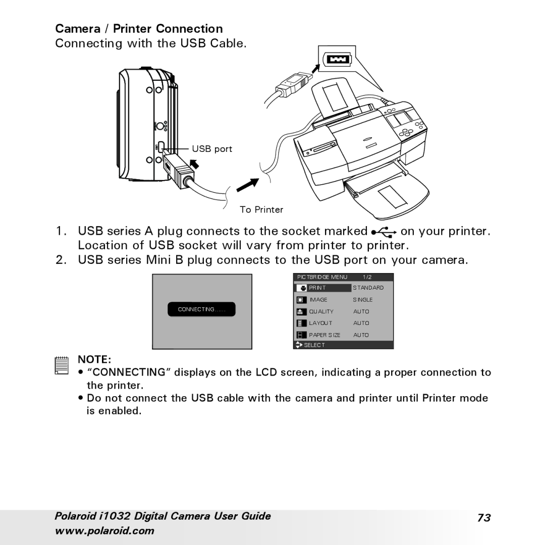 Polaroid i1032 manual Camera / Printer Connection 