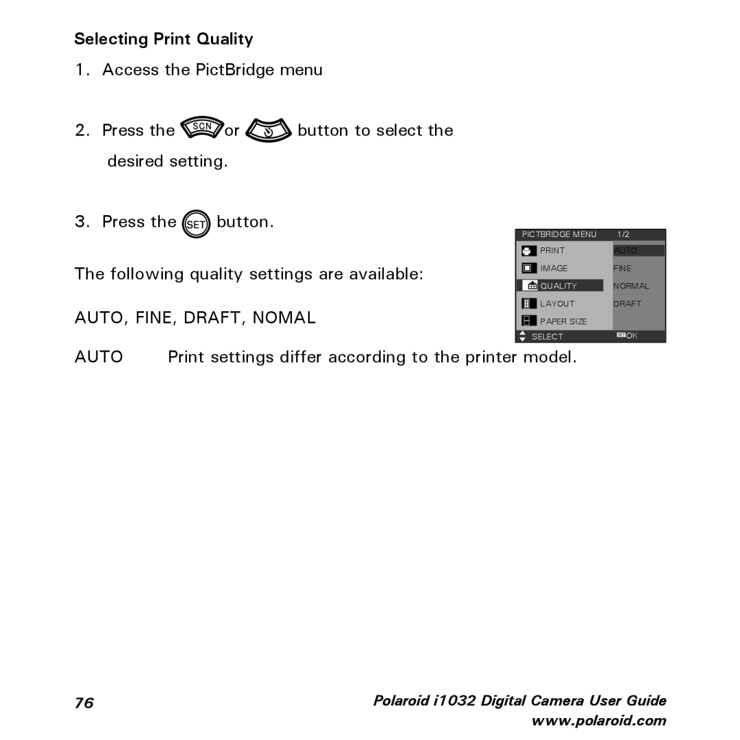 Polaroid i1032 manual Selecting Print Quality, Auto 