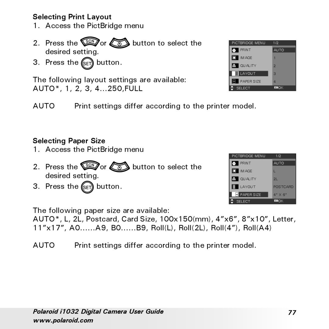 Polaroid i1032 manual Selecting Print Layout, Selecting Paper Size 