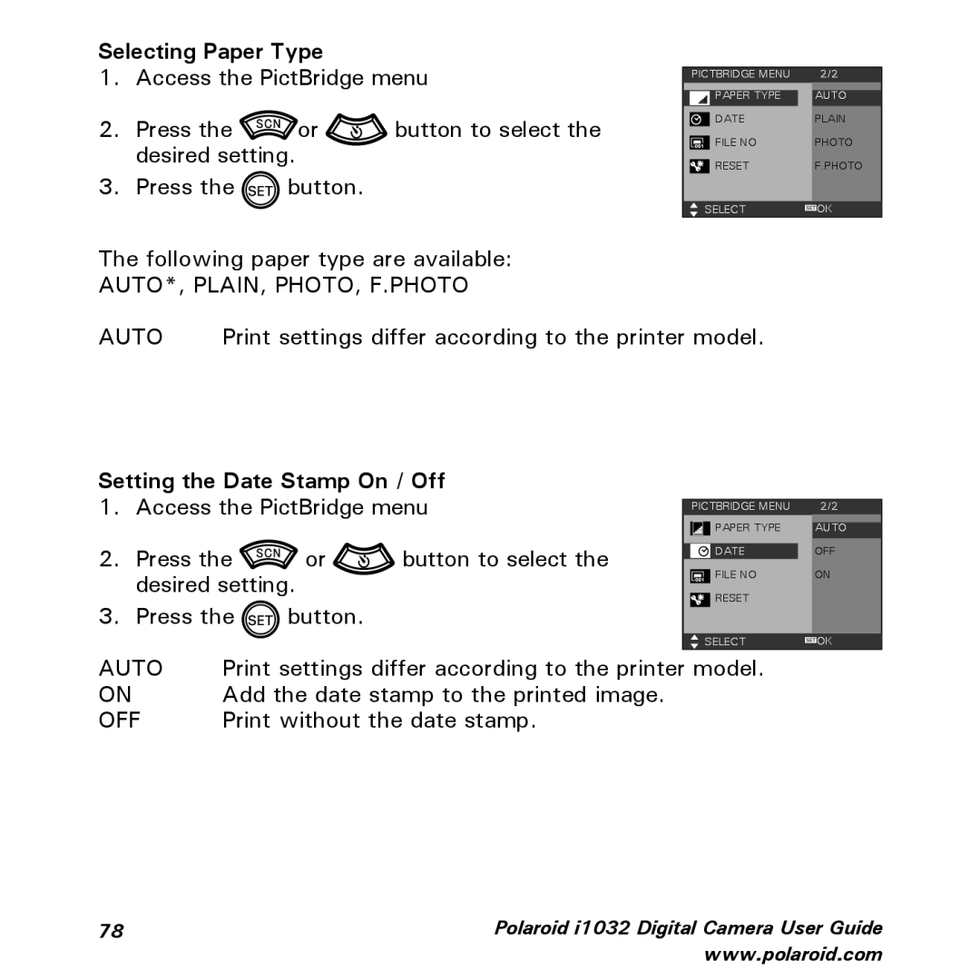 Polaroid i1032 manual Selecting Paper Type, Print without the date stamp 