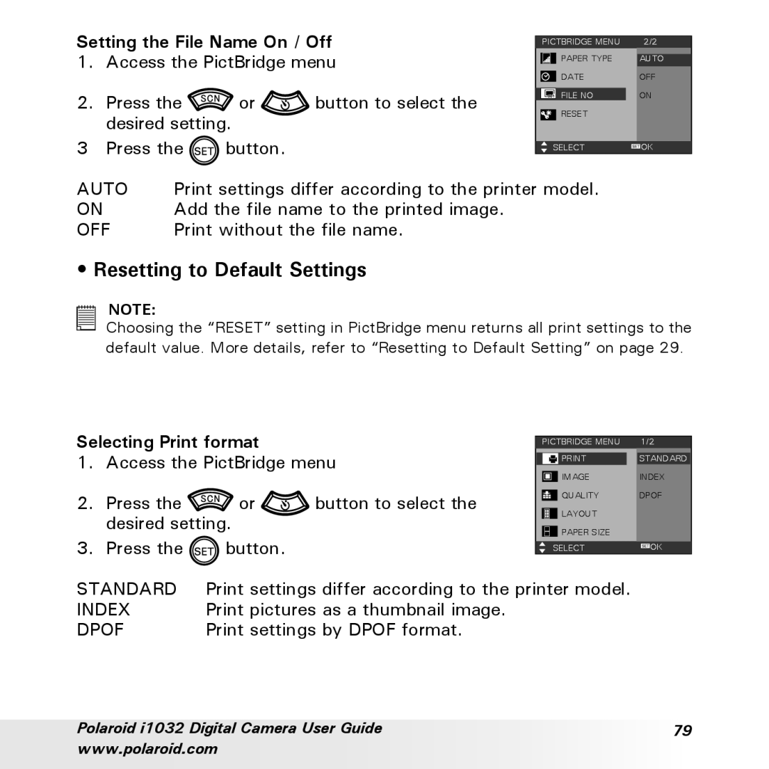 Polaroid i1032 manual Resetting to Default Settings, Selecting Print format 