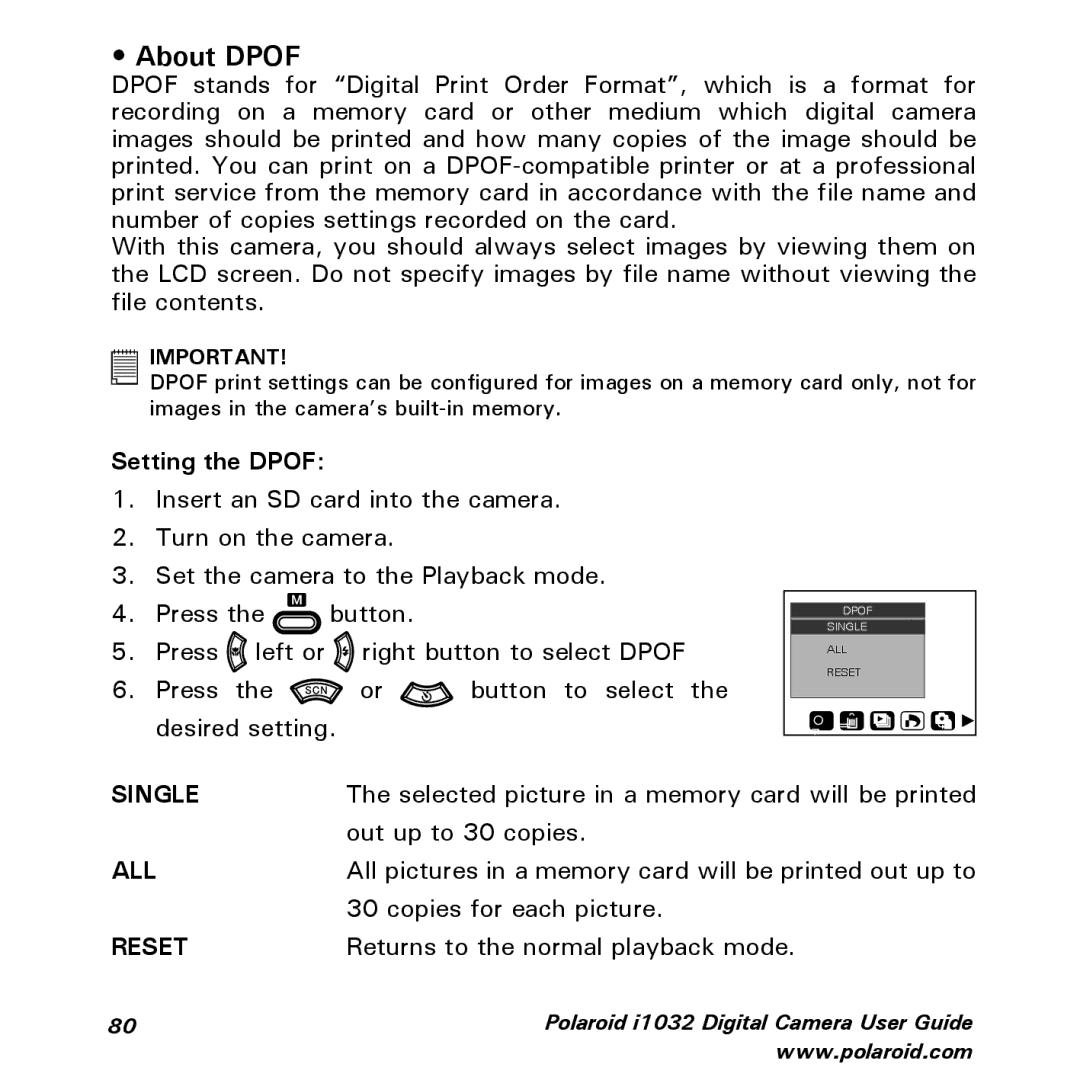 Polaroid i1032 manual About Dpof, Setting the Dpof 