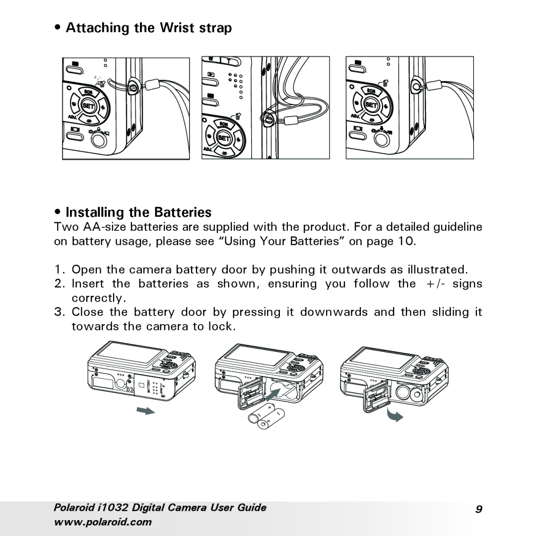 Polaroid i1032 manual Attaching the Wrist strap Installing the Batteries 