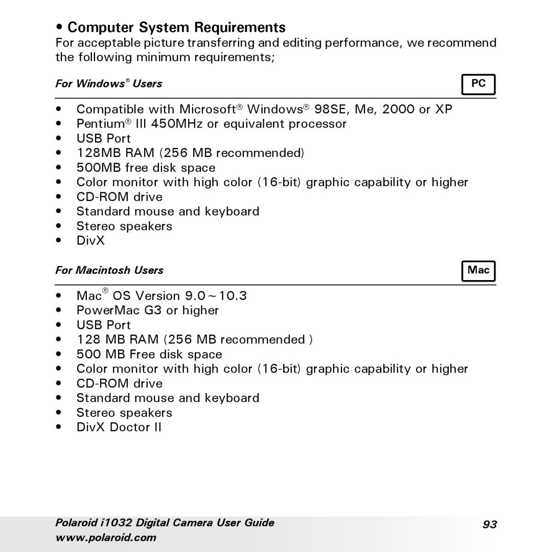 Polaroid i1032 manual Computer System Requirements 