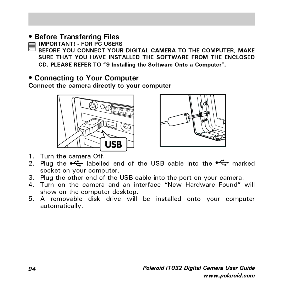 Polaroid i1032 Transferring Pictures and Video Clips to a Computer, Before Transferring Files, Connecting to Your Computer 