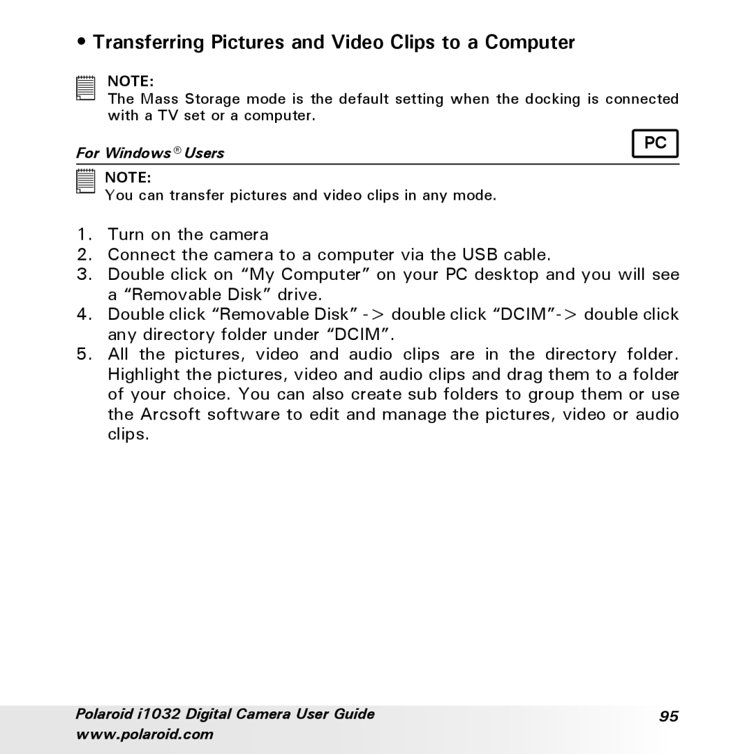 Polaroid i1032 manual Transferring Pictures and Video Clips to a Computer 