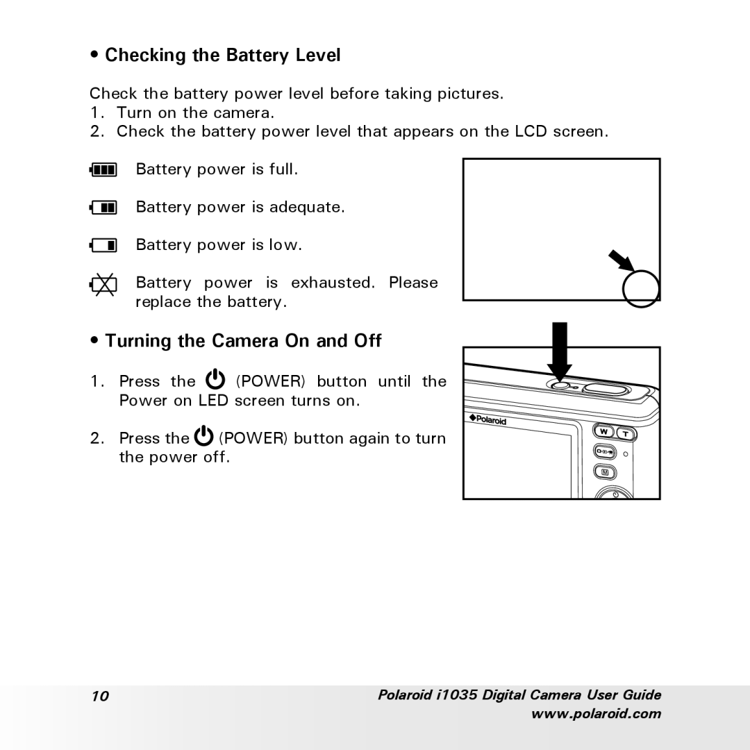 Polaroid i1035 user manual Checking the Battery Level, Turning the Camera On and Off 