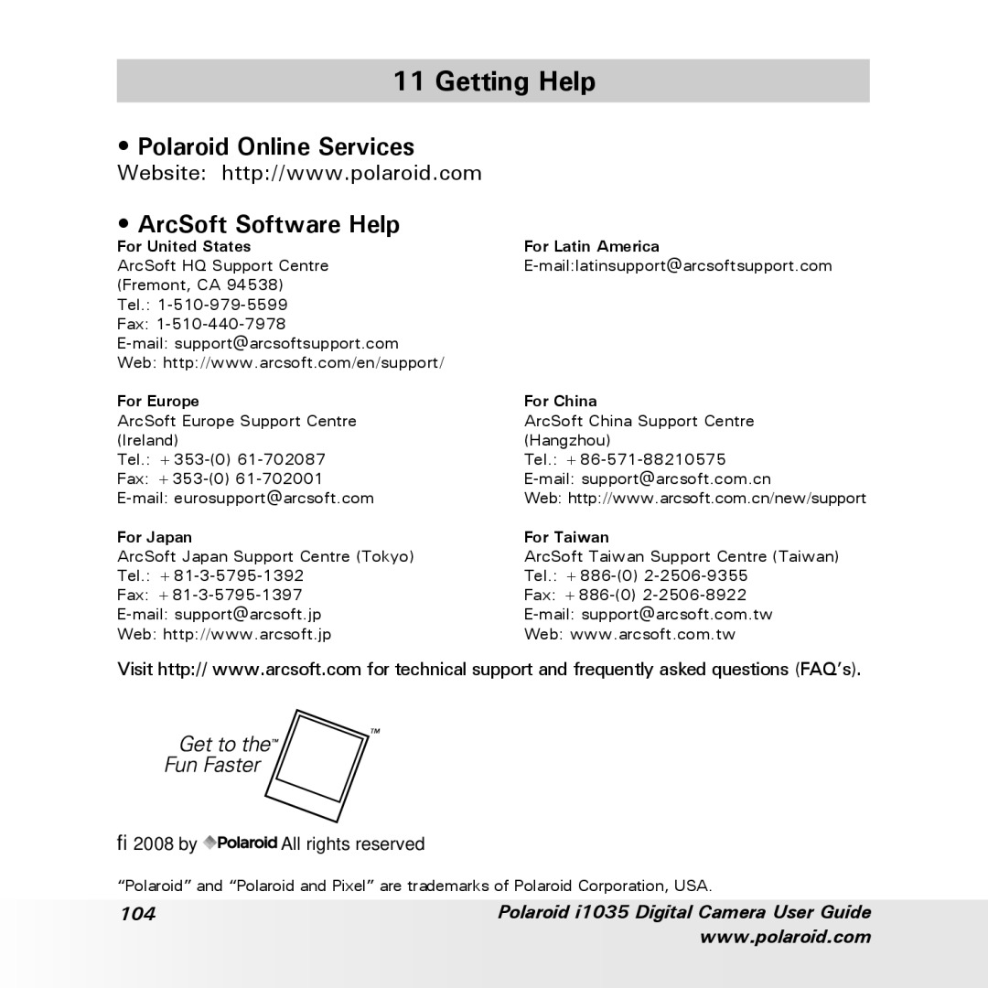 Polaroid i1035 user manual Getting Help, Polaroid Online Services ArcSoft Software Help 