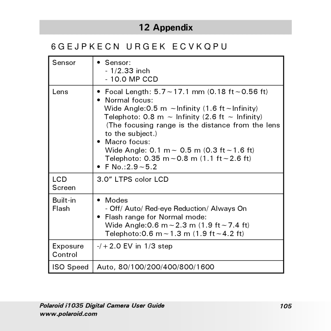 Polaroid i1035 user manual Appendix, Technical specifications 