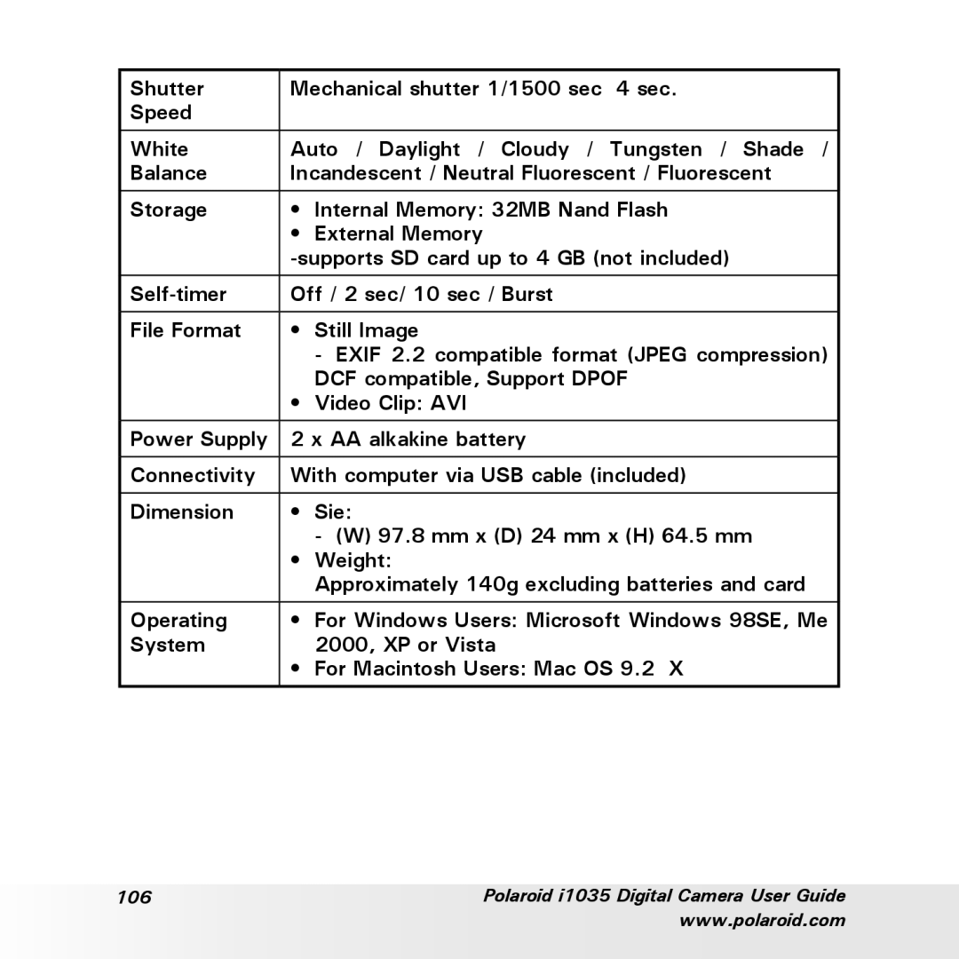 Polaroid user manual Polaroid i1035 Digital Camera User Guide 