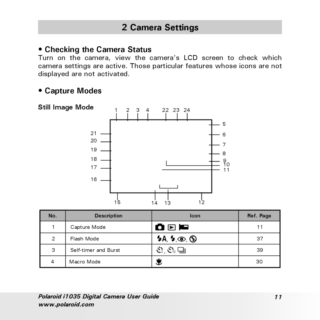 Polaroid i1035 user manual Camera Settings, Checking the Camera Status, Capture Modes, Still Image Mode 