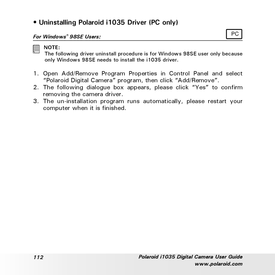 Polaroid user manual Uninstalling Polaroid i1035 Driver PC only, For Windows 98SE Users 