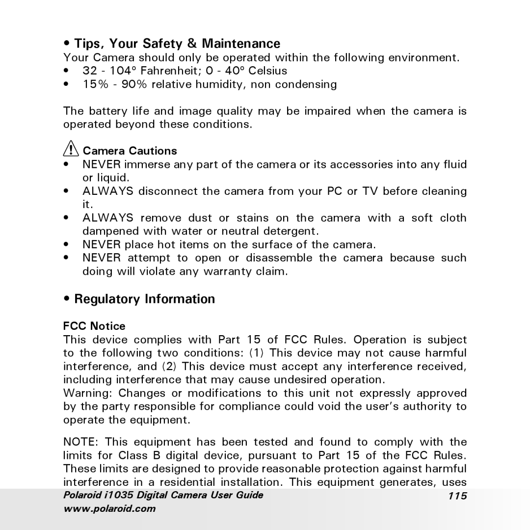 Polaroid i1035 user manual Tips, Your Safety & Maintenance, Regulatory Information, Camera Cautions, FCC Notice 