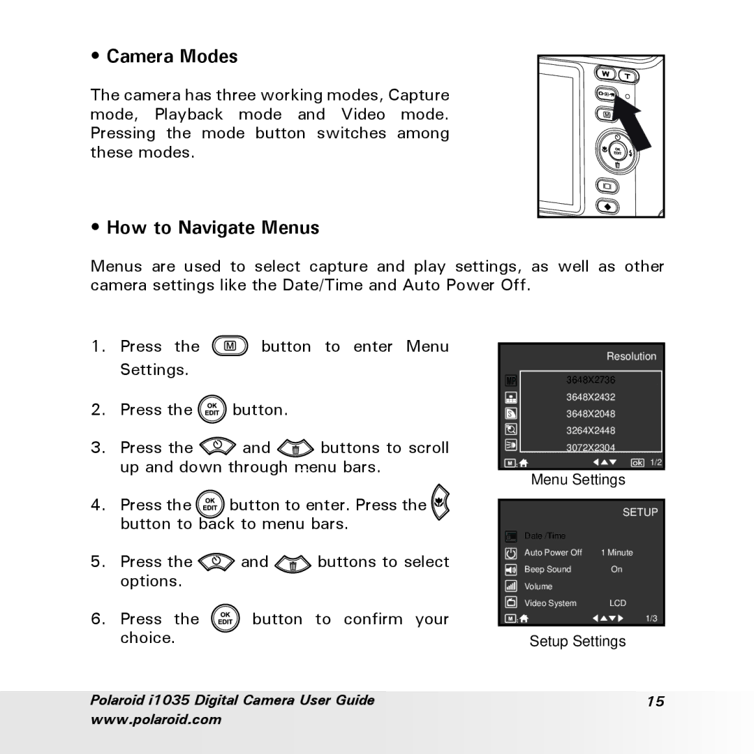 Polaroid i1035 user manual Camera Modes, How to Navigate Menus 