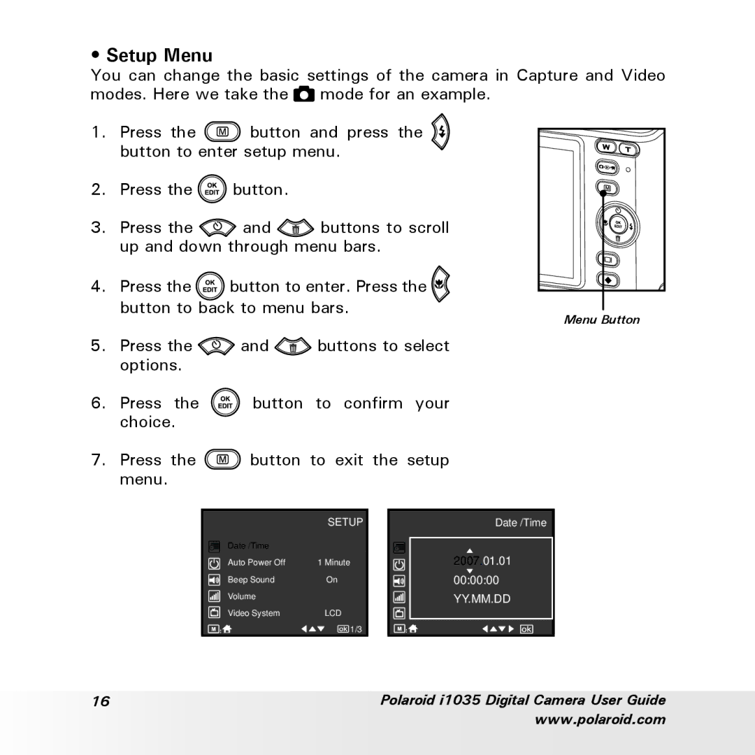 Polaroid i1035 user manual Setup Menu 