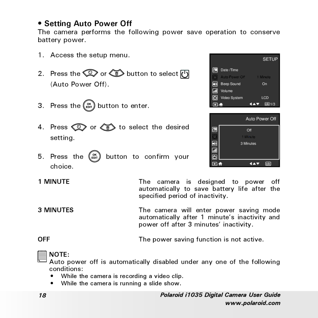 Polaroid i1035 user manual Setting Auto Power Off, Minute 