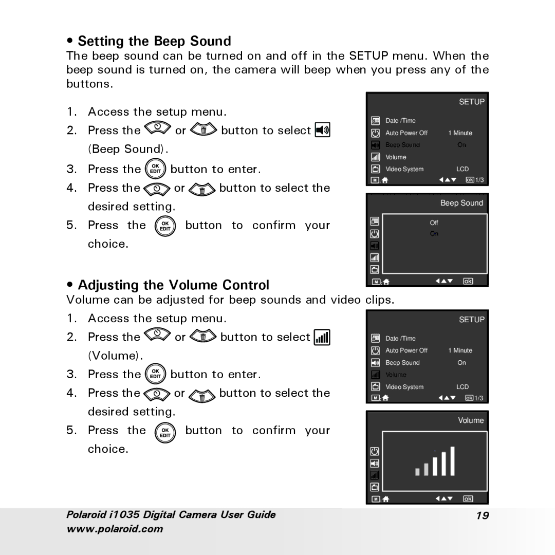 Polaroid i1035 user manual Setting the Beep Sound, Adjusting the Volume Control 