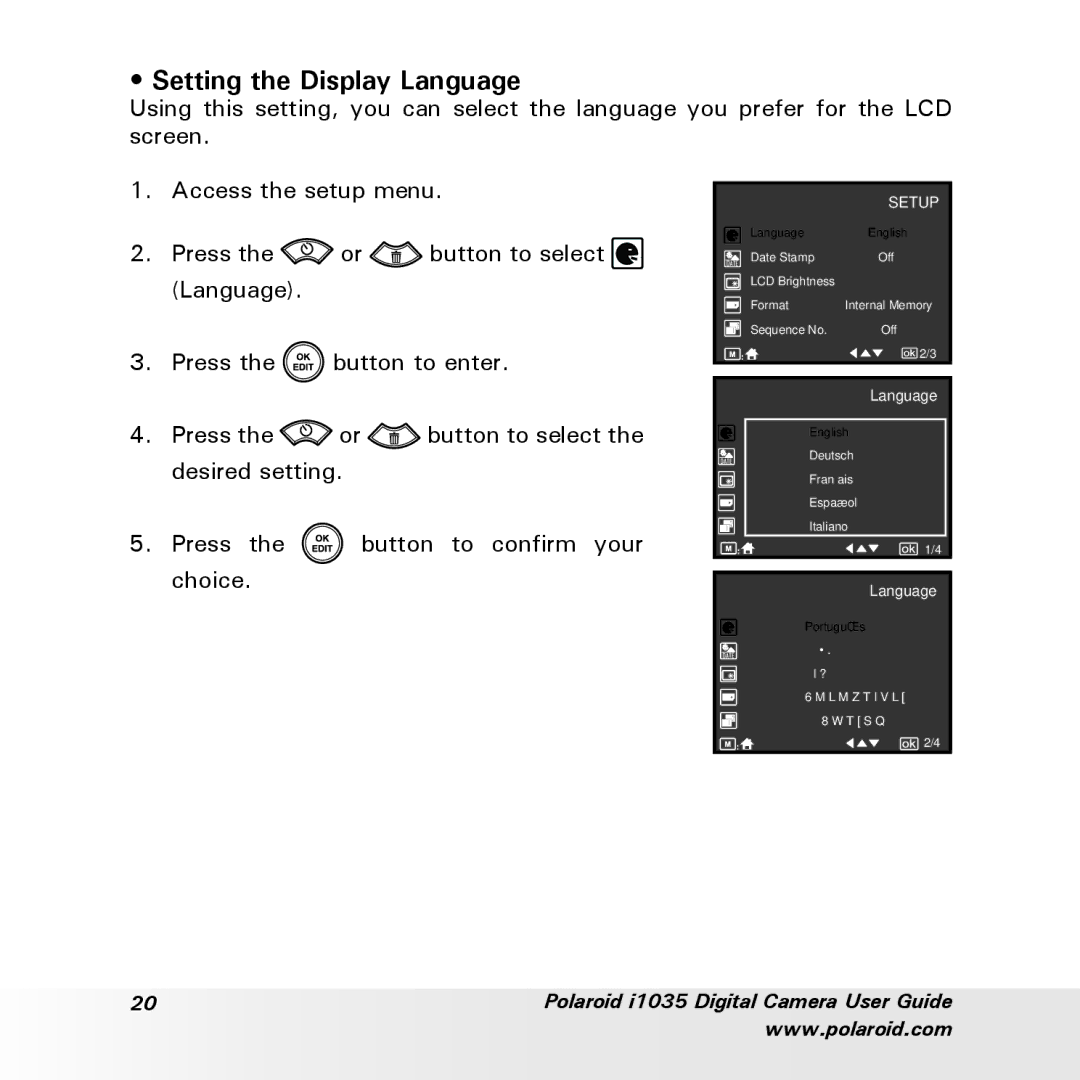 Polaroid i1035 user manual Setting the Display Language 