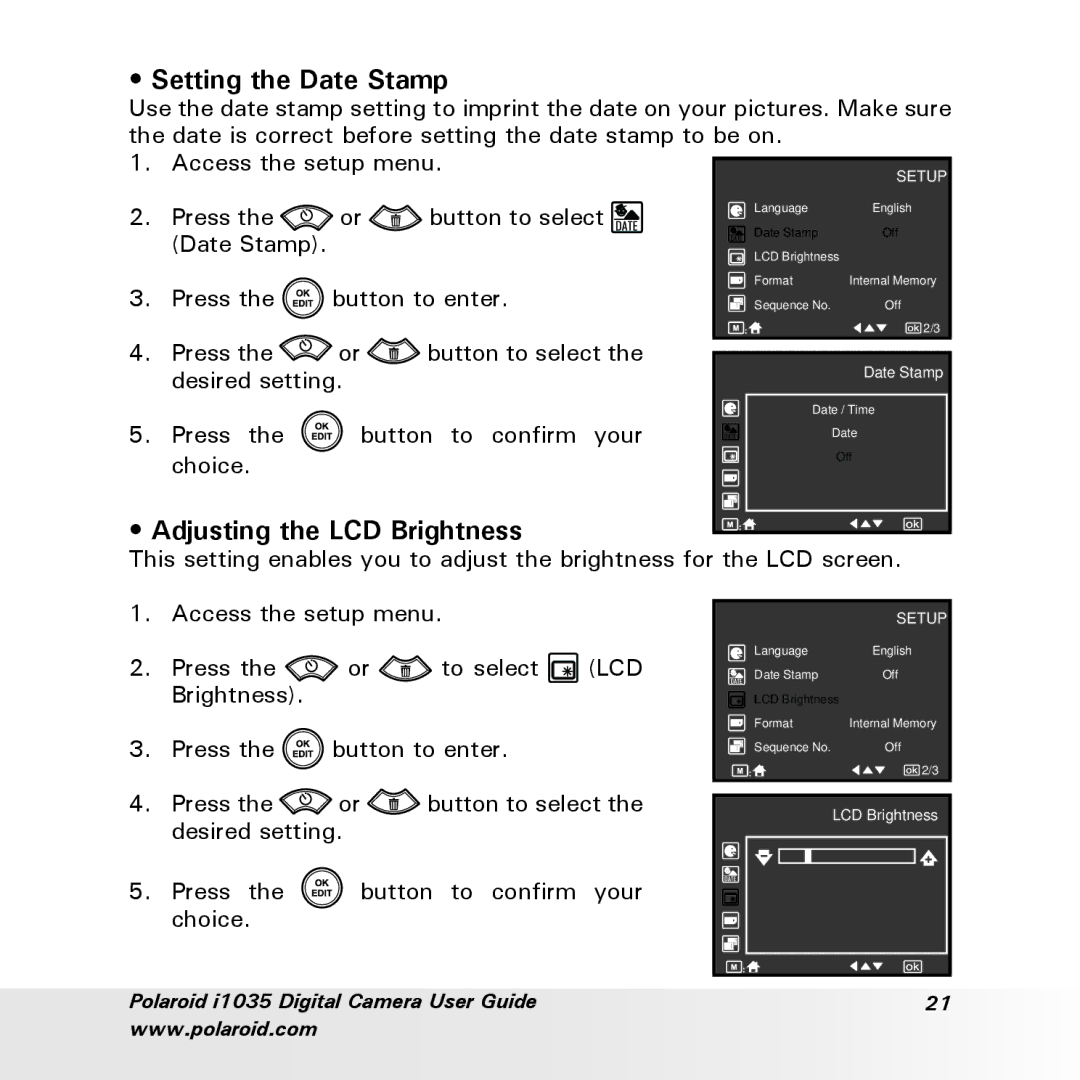 Polaroid i1035 user manual Setting the Date Stamp, Adjusting the LCD Brightness 