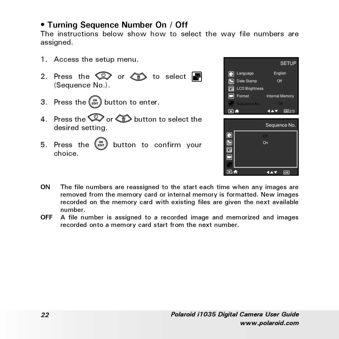 Polaroid i1035 user manual Turning Sequence Number On / Off 