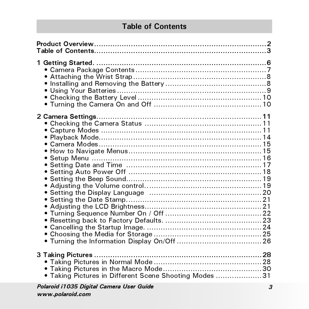 Polaroid i1035 user manual Table of Contents 