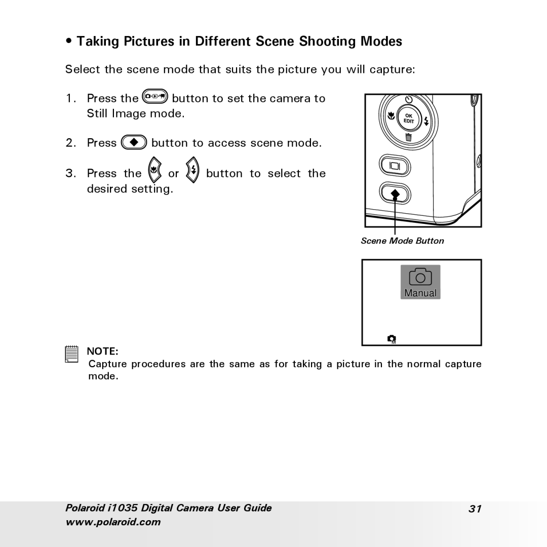 Polaroid i1035 user manual Taking Pictures in Different Scene Shooting Modes, Manual 