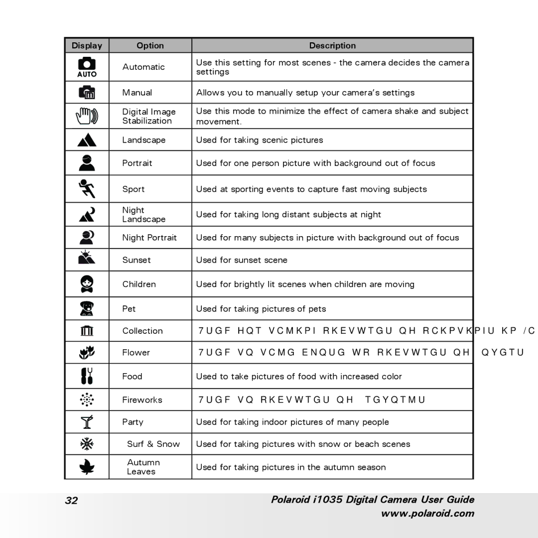 Polaroid i1035 user manual Display Option Description 