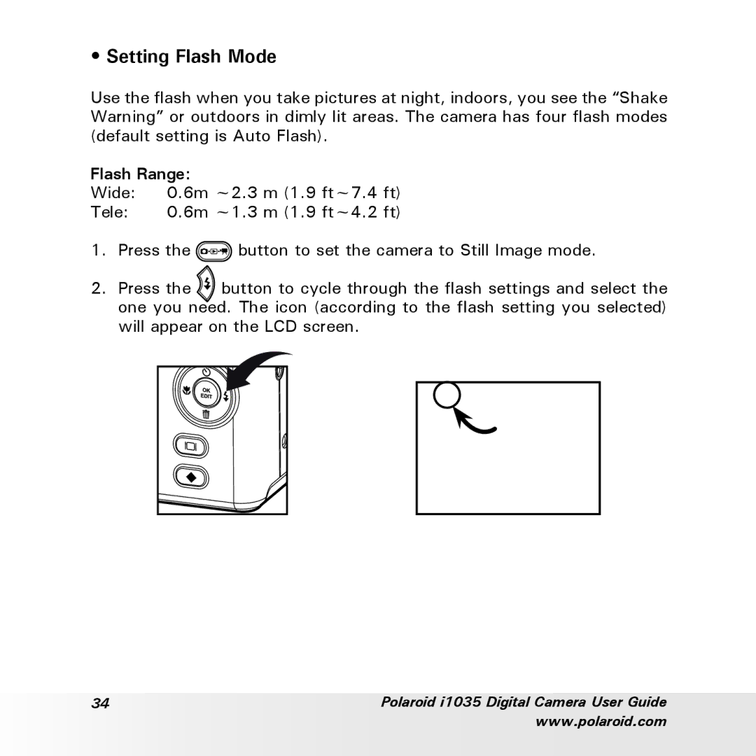 Polaroid i1035 user manual Setting Flash Mode, Flash Range 