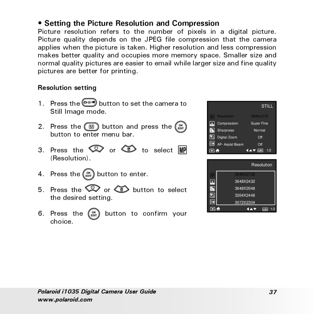 Polaroid i1035 user manual Setting the Picture Resolution and Compression, Resolution setting 