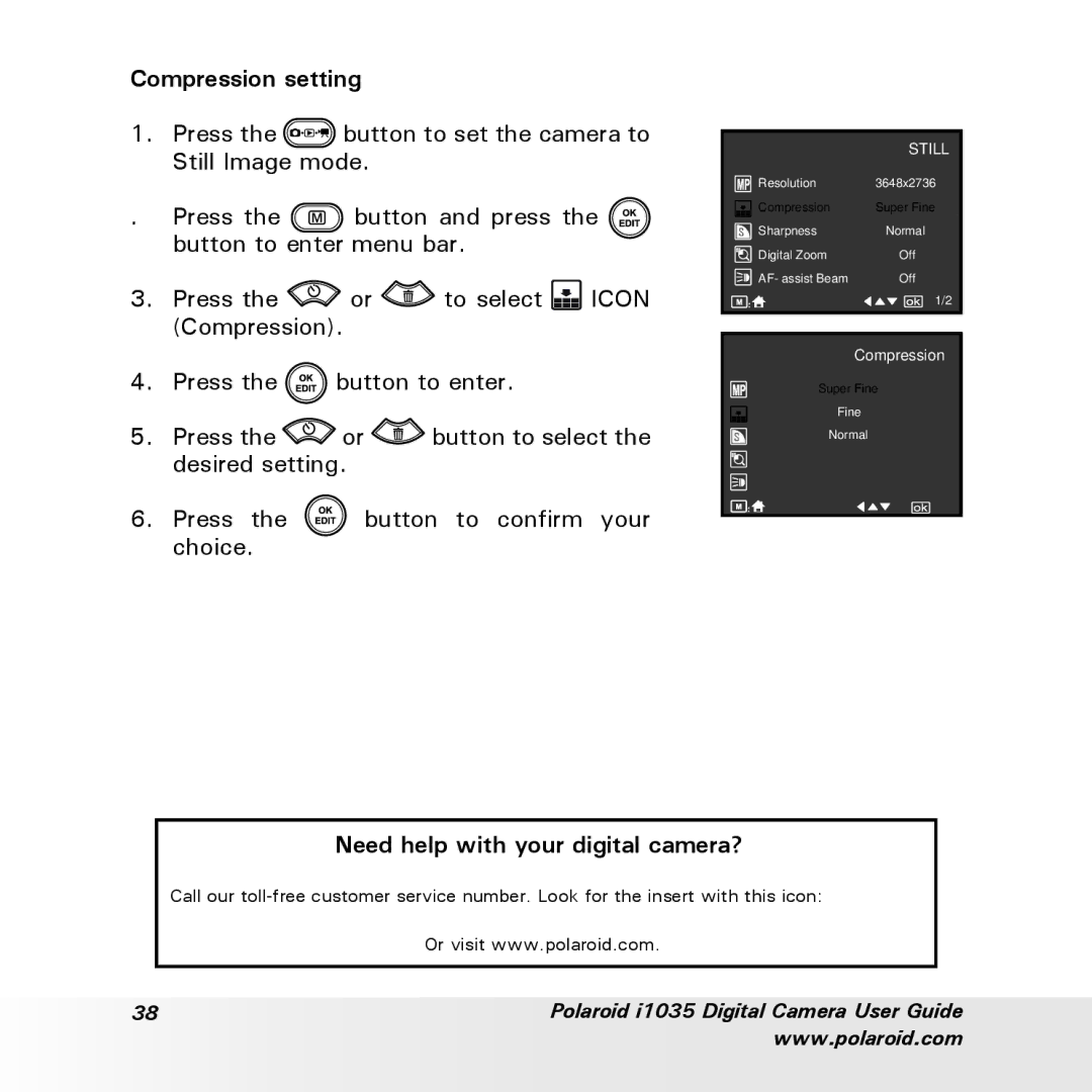 Polaroid i1035 user manual Compression setting, Need help with your digital camera? 