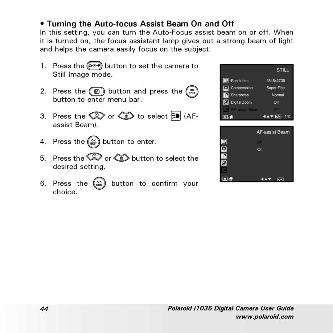 Polaroid i1035 user manual Turning the Auto-focus Assist Beam On and Off 