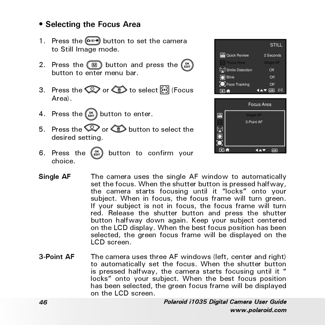 Polaroid i1035 user manual Selecting the Focus Area 