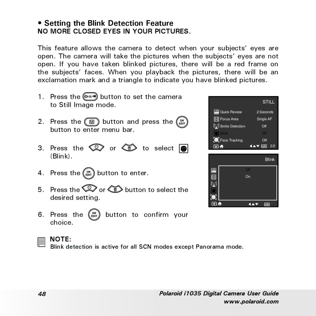 Polaroid i1035 user manual Setting the Blink Detection Feature, No More Closed Eyes in Your Pictures 