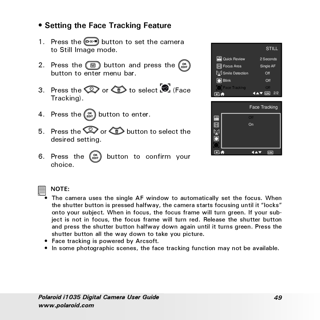 Polaroid i1035 user manual Setting the Face Tracking Feature 