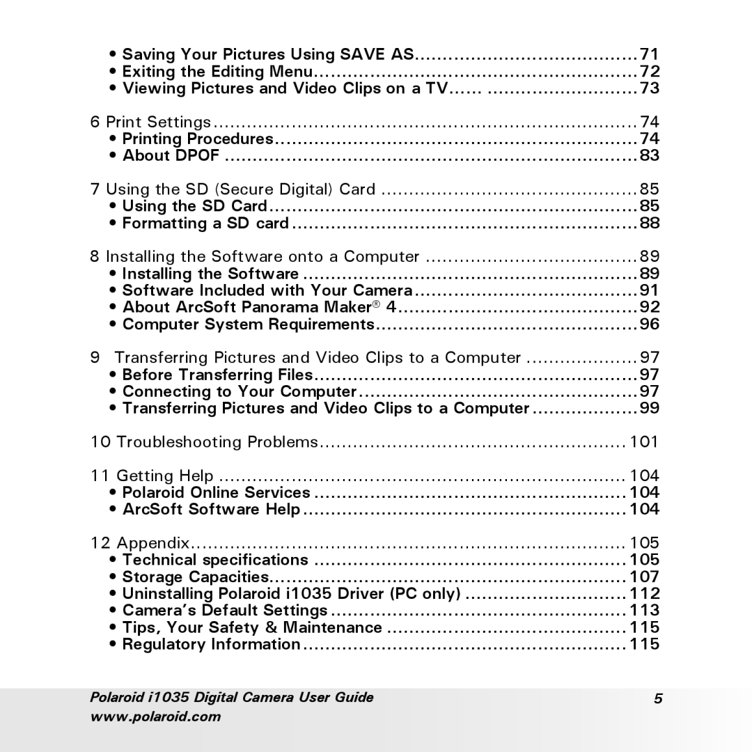 Polaroid i1035 user manual Print Settings, Using the SD Secure Digital Card, Troubleshooting Problems 101 Getting Help 104 