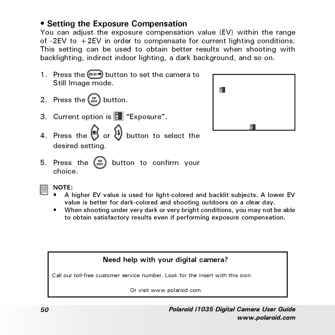 Polaroid i1035 user manual Setting the Exposure Compensation, Need help with your digital camera? 