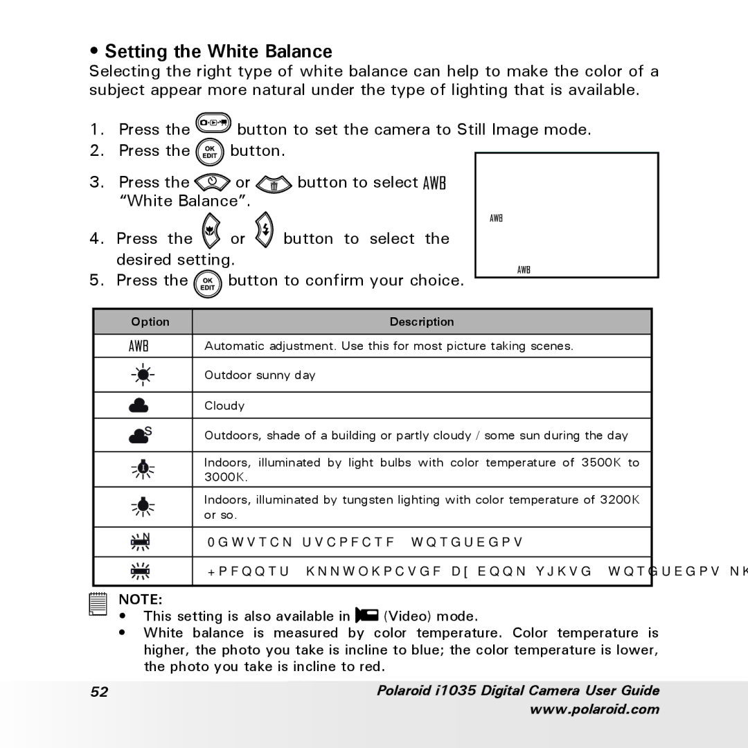 Polaroid i1035 user manual Setting the White Balance, Option Description 