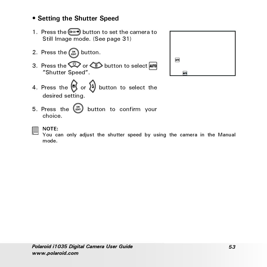 Polaroid i1035 user manual Setting the Shutter Speed 